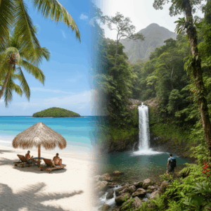 Comparatif Martinique ou Guadeloupe : vues de paysages antillais, plage de sable blanc et végétation luxuriante sur fond de mer turquoise.